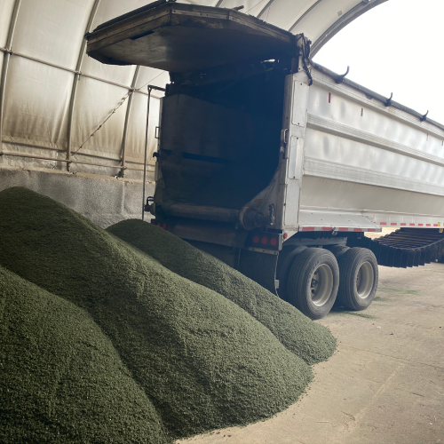 Dump trailer unloads a large pile of treated de-icing salt inside covered storage for a commercial snow removal service by Carrington Lawn & Landscape in Middleton, Madison, and the greater Dane County area