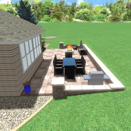 Design rendering showing linear patio with dining table, L-shaped seating around a fire feature, and low walls—Waunakee outdoor living project by Carrington Lawn & Landscape in Madison metro area