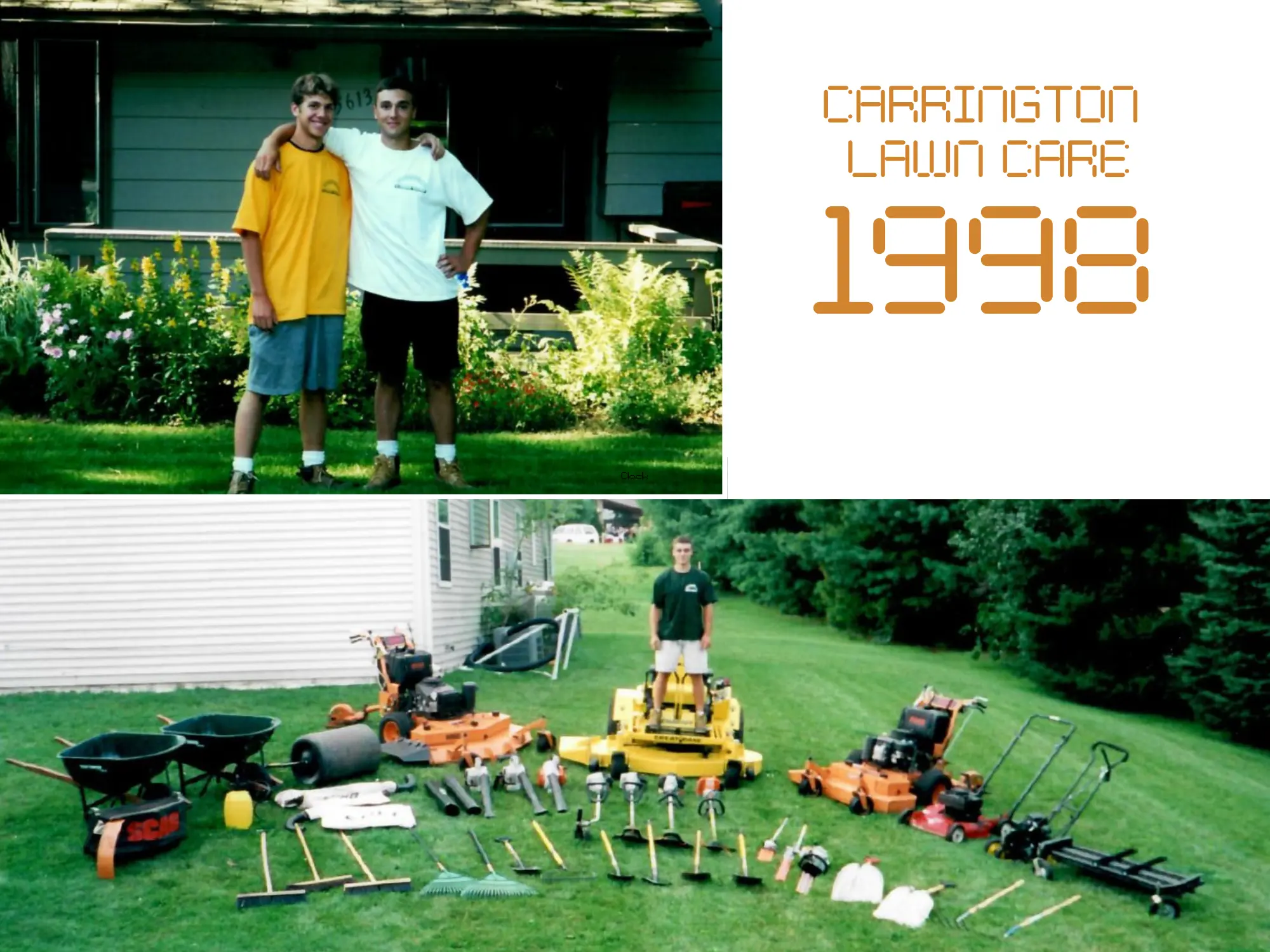 Early photo of Carrington Lawn & Landscape founders and their original lawn care equipment lineup in the Madison metro area