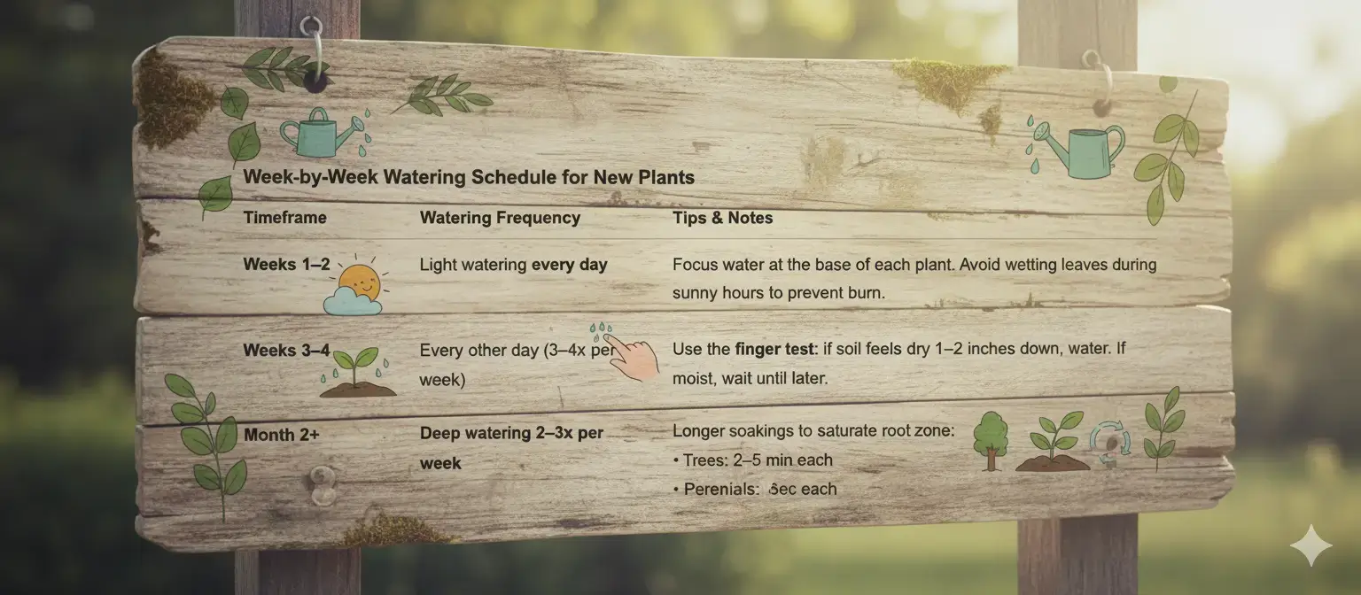 Illustrated wooden sign showing a week-by-week watering schedule for new plants, explaining how often to water and providing tips for proper plant care.