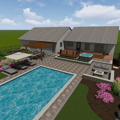 Realistic 3D rendering of backyard patio and pool design by Carrington Lawn & Construction in Middleton, WI