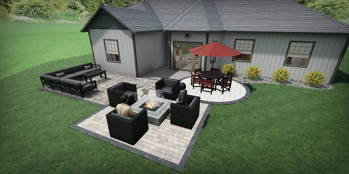 Backyard patio design with furniture and fire pit illustrating landscape design cost factors by Carrington Lawn & Landscape in WI