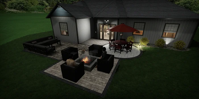 Backyard patio design at night with lighting and fire feature to visualize landscape design cost by Carrington Lawn & Landscape in WI