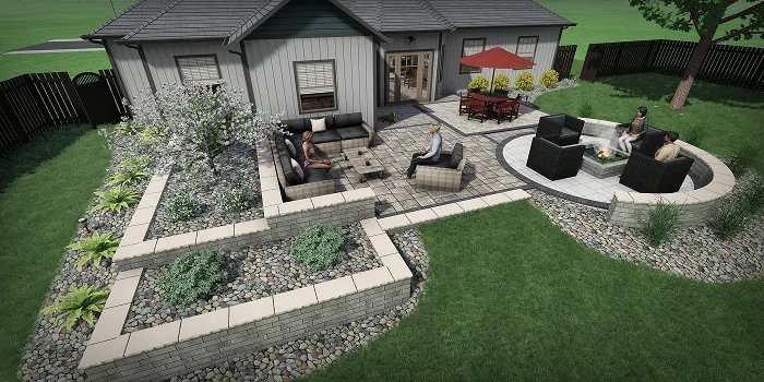 3D backyard design with seating areas and stone landscaping explaining landscape design cost by Carrington Lawn & Landscape in WI