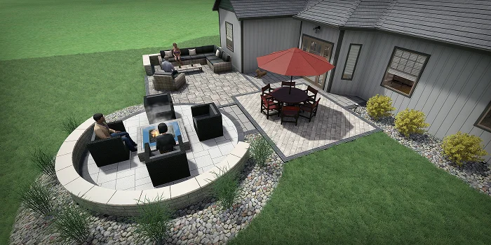 View of fire pit and seating area connected to patio, showing professional landscape design cost ideas by Carrington Lawn & Landscape in WI