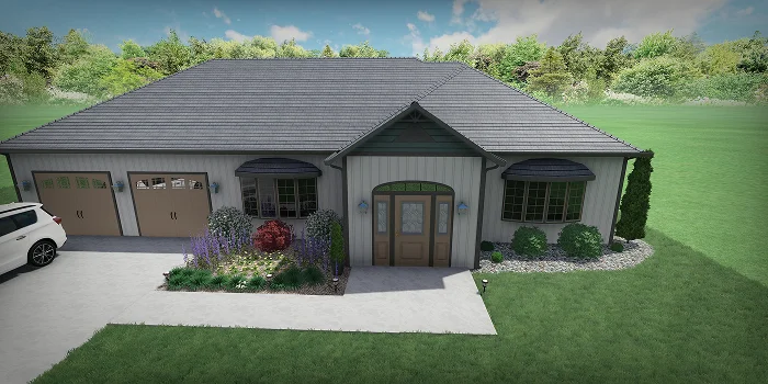 Custom front yard landscape design with decorative plants and driveway by Carrington Lawn & Landscape in WI