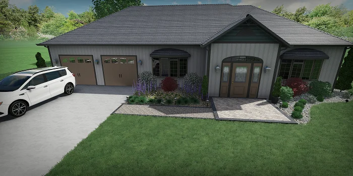 Front yard landscape with walkway, flower beds, and driveway design showing cost planning by Carrington Lawn & Landscape in WI