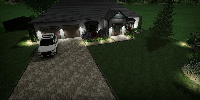 Front yard driveway and entryway lighting design showing elegant landscape cost details by Carrington Lawn & Landscape in WI