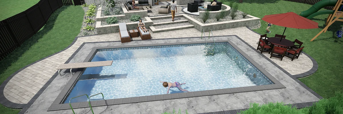 Backyard landscape design with modern pool and outdoor seating showing landscape design cost examples by Carrington Lawn & Landscape in WI