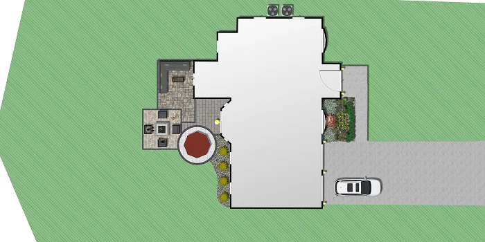 Overhead view of a landscape design layout showing patio, driveway, and planting areas by Carrington Lawn & Landscape in WI