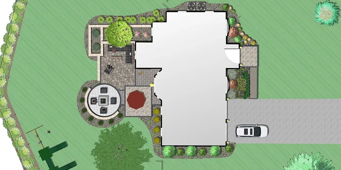 A top-down rendering showing a landscape design layout highlighting patio and driveway features by Carrington Lawn & Landscape in WI