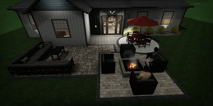 Outdoor patio area illuminated at night with fire pit and seating showing landscape design cost elements by Carrington Lawn & Landscape in WI