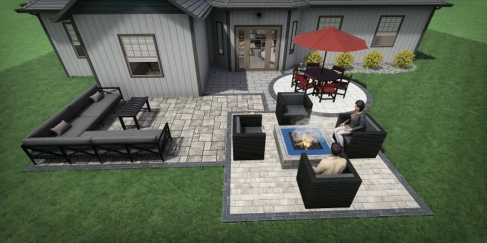 3D rendering of outdoor living area with fire pit and seating layout illustrating how much landscape design costs by Carrington Lawn & Landscape in WI