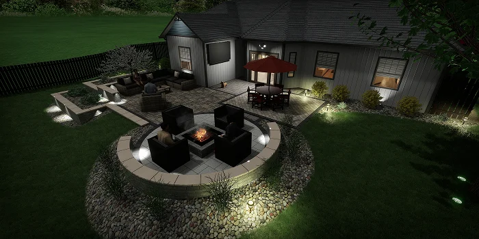 Landscape design with circular fire pit and accent lighting emphasizing cost aspects by Carrington Lawn & Landscape in WI