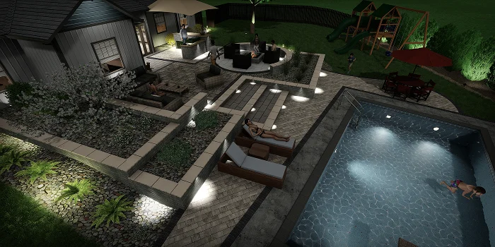 Backyard patio, garden, and pool illuminated at night showing realistic landscape design cost inspiration by Carrington Lawn & Landscape in WI