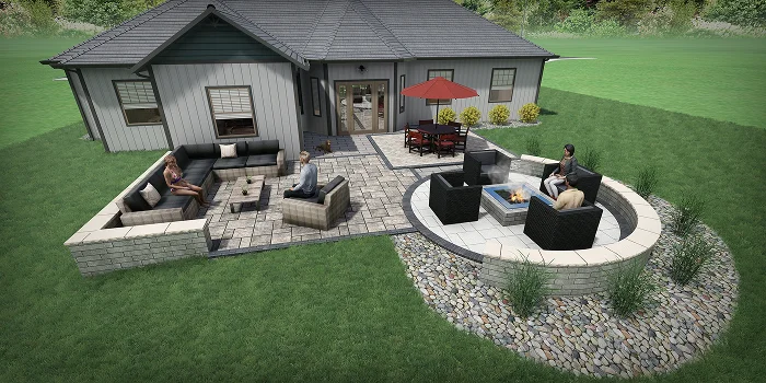 Backyard patio design with seating, dining area, and fire pit illustrating landscape design cost by Carrington Lawn & Landscape in WI