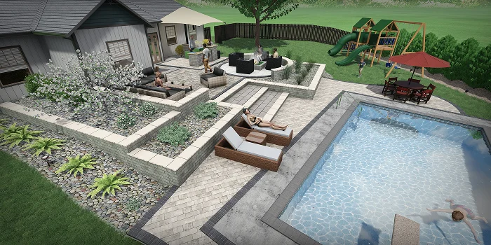 Modern backyard layout featuring tiered garden beds, patio seating, and pool design showcasing landscape cost planning by Carrington Lawn & Landscape in WI