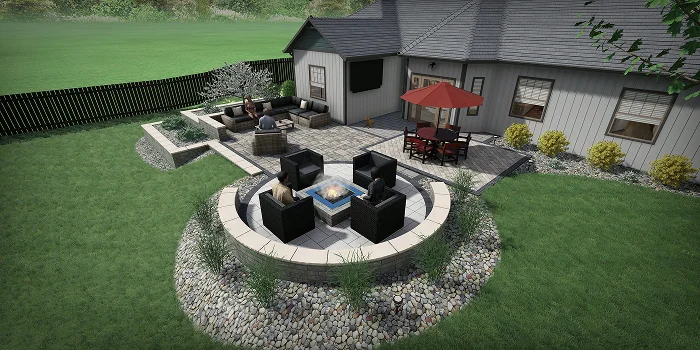 Outdoor circular patio with fire pit and seating illustrating landscape design cost example by Carrington Lawn & Landscape in WI