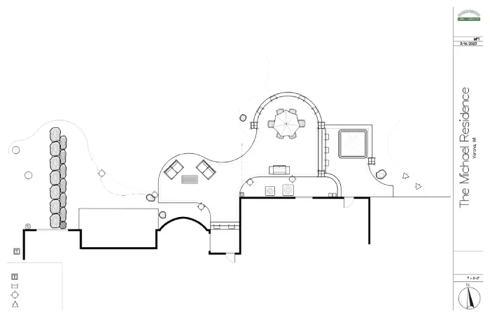 Landscape Lighting and Patio Layout Design Schematic by Carrington Lawn & Landscape | Madison in WI Technical CAD drawing for landscape lighting and patio layout meant to enhance evening outdoor living by Carrington Lawn & Landscape | Madison in WI