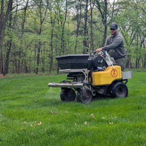 A technician operating a motorized spreader to apply fertilizer for care for new landscaping by Carrington Lawn & Landscape in WI