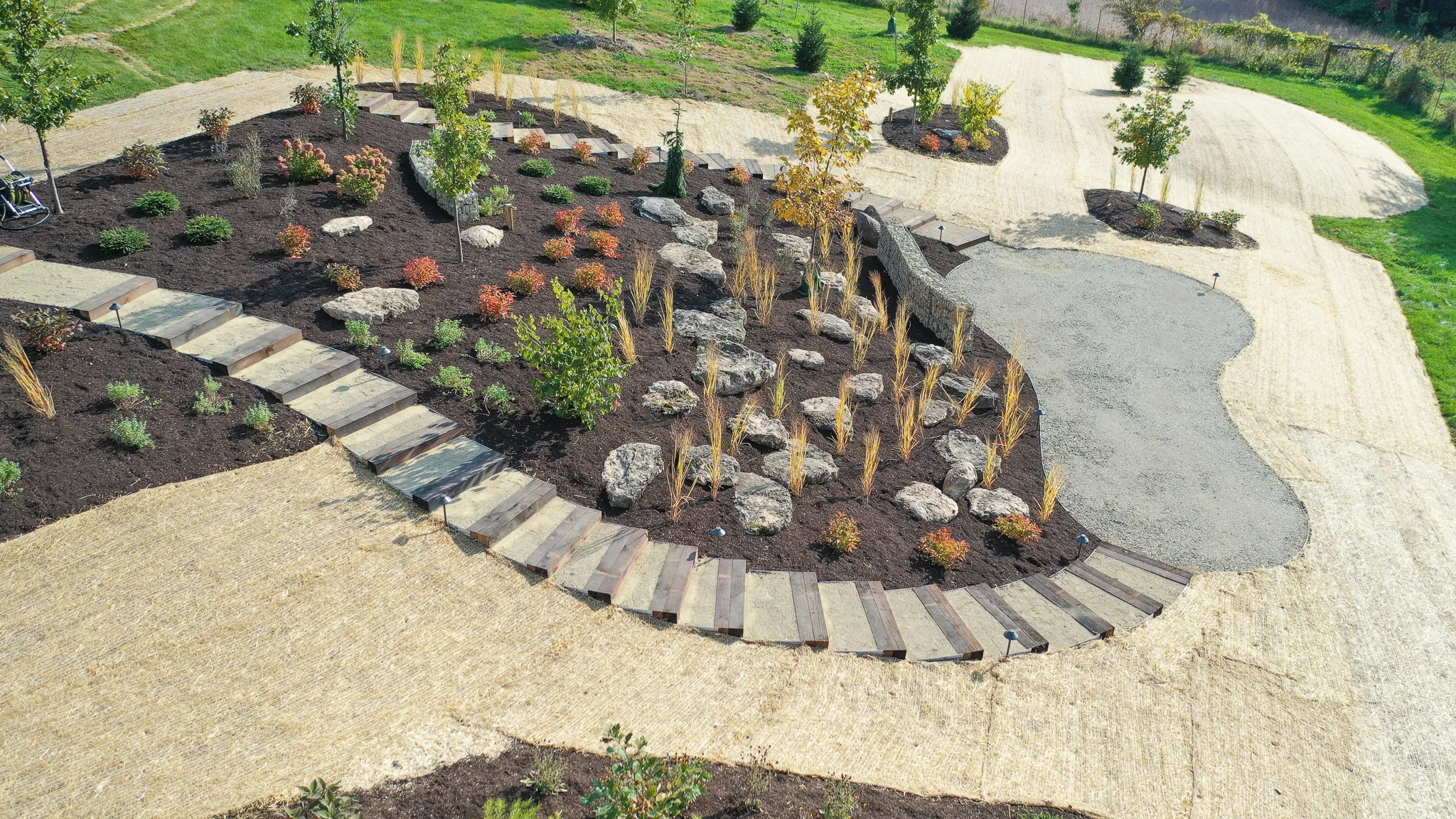 Aerial view of a newly landscaped yard with a winding stone paver pathway by Carrington Lawn & Landscape, landscape design services in Middleton, WI