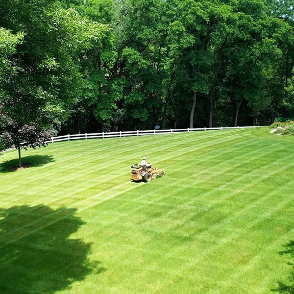 A team of landscapers using mowers and a truck to maintain a large lawn in Middleton, WI