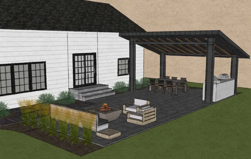 Digital hardscape design illustration of a house exterior with a paver patio, pergola, and an outdoor kitchen in Middleton, WI