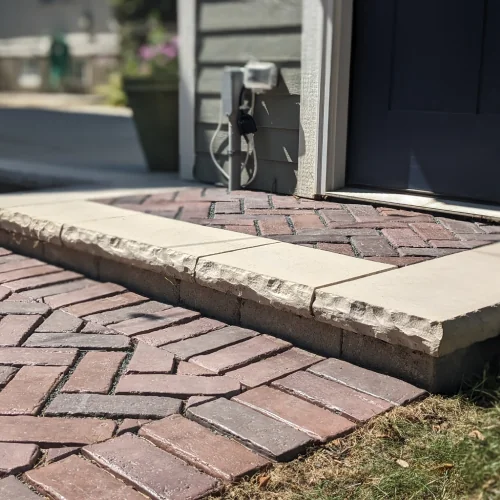 Detailed brick step and herringbone walkway showcasing professional masonry and Madison landscape design by Carrington Lawn & Landscape in Madison