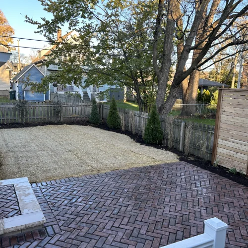 Completed Madison backyard featuring custom brick patio and new sod installation by Carrington Lawn & Landscape in Madison