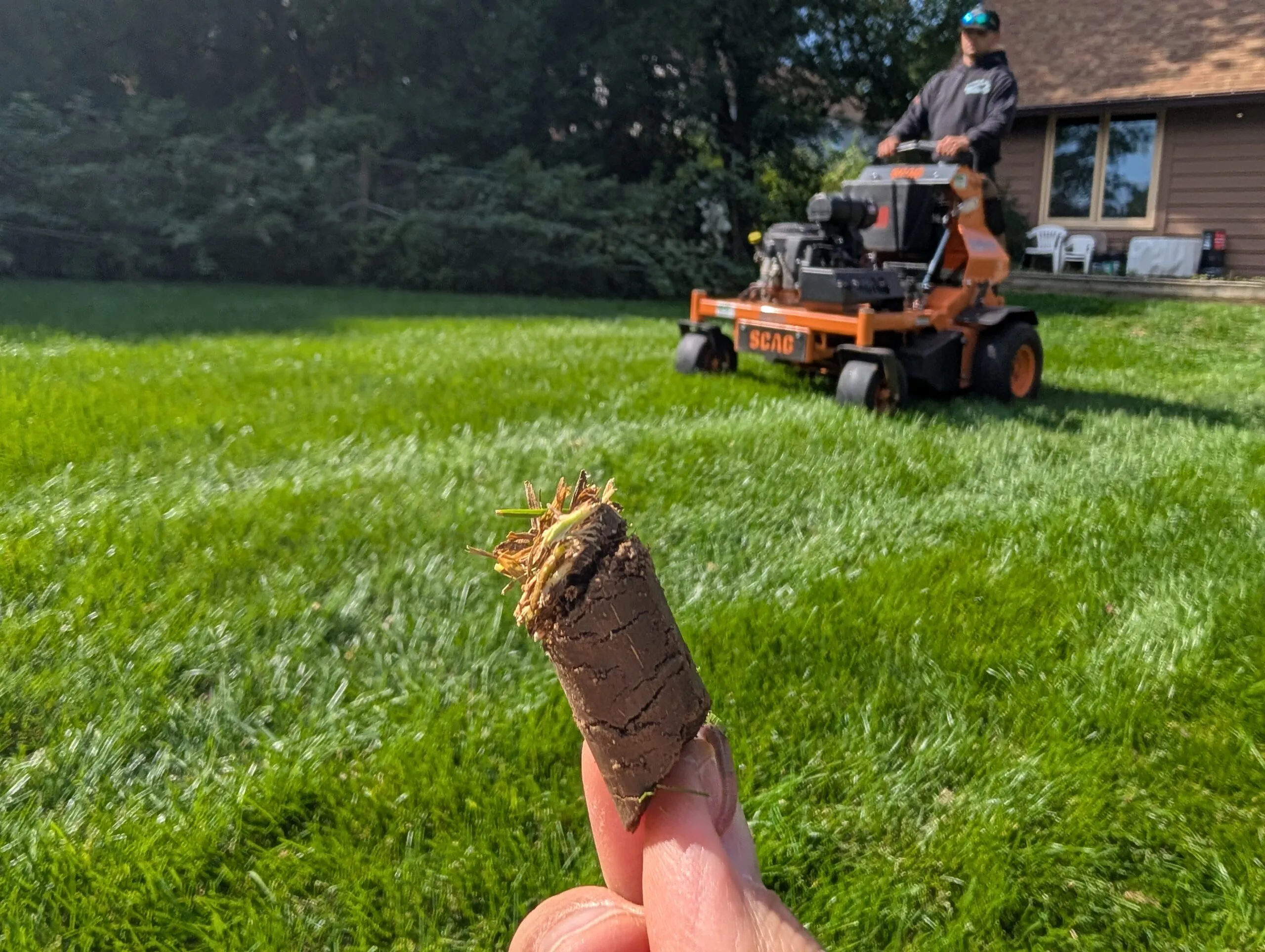 A close-up view of a hand holding a soil core plug pulled from a green yard, highlighting lawn aeration Wisconsin when planning turf health maintenance, performed as a professional lawn aeration service in Middleton, Wisconsin by Carrington Lawn & Landscape.