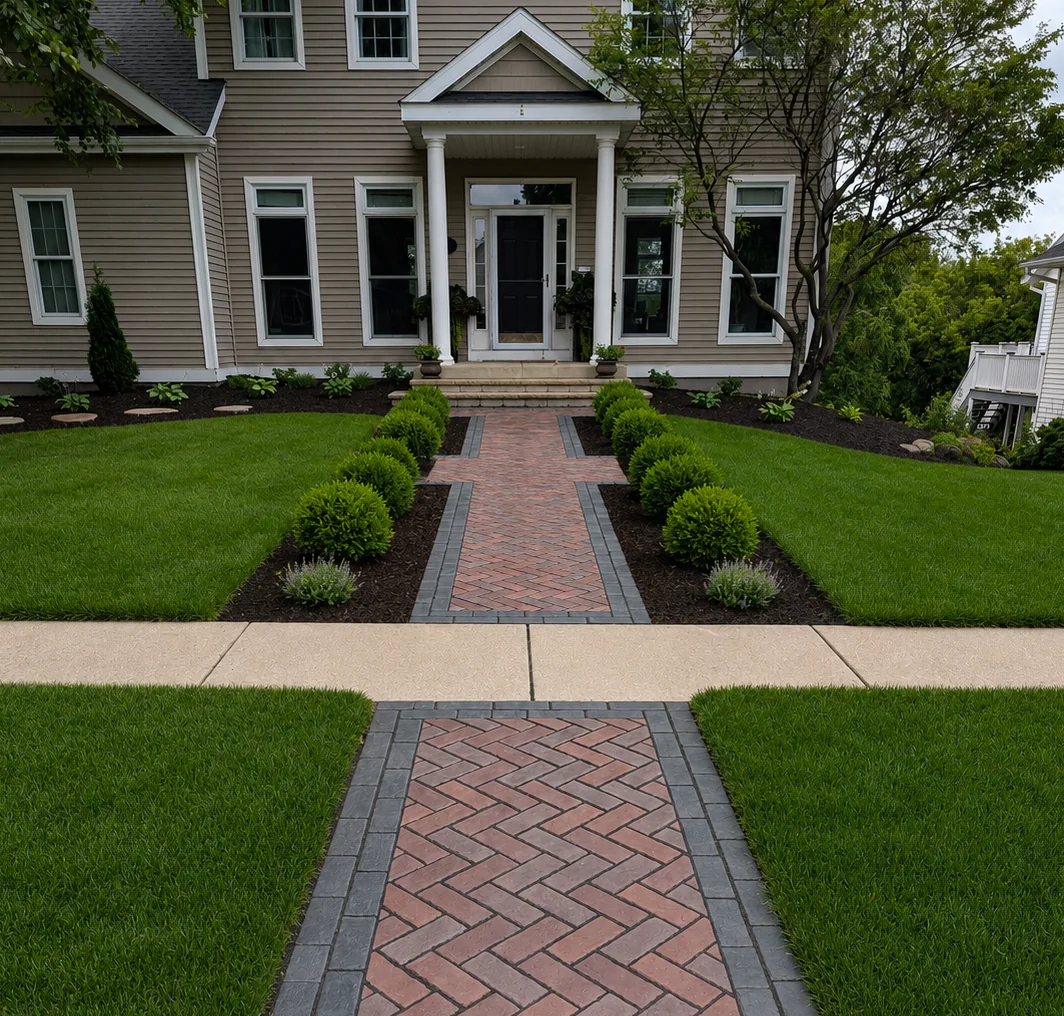 A reddish-brown herringbone paver walkway with dark gray border pavers leading through a manicured green lawn to a house entryway, highlighting design options for concrete vs paver patio and walkway projects, installed as a custom paver installation in Middleton, Wisconsin by Carrington Lawn & Landscape.