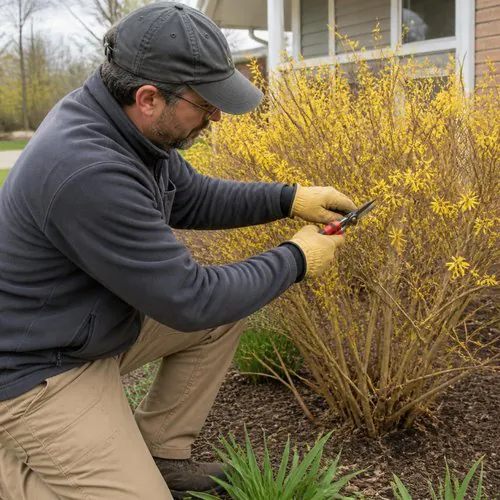 Landscaper pruning a forsythia right after its spring bloom, when to prune shrubs that flower in spring in Wisconsin by Carrington Lawn & Landscape